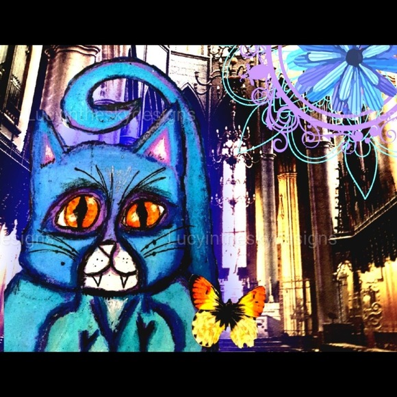 Bright Cat Butterfly Illustration Vivid Colorful Handmade Art Print Mixed Media - Picture 2 of 5